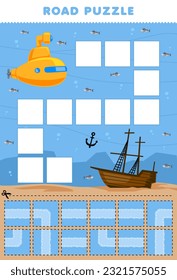 Education game for children road puzzle help submarine move to the wrecked ship printable underwater worksheet