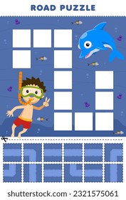 Education game for children road puzzle help diver move to the dolphin printable underwater worksheet