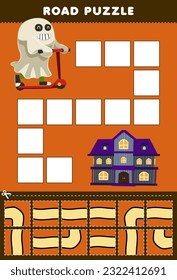 Education game for children road puzzle help ghost costume move to the spooky house printable halloween worksheet