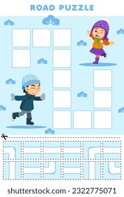 Education game for children road puzzle help boy playing ice skating move to the girl printable winter worksheet