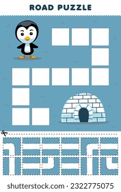 Education game for children road puzzle help penguin move to the igloo printable winter worksheet