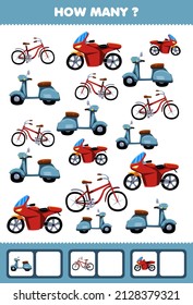 Education game for children searching and counting activity for preschool how many transportation bicycle motorbike scooter