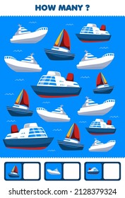 Education game for children searching and counting activity for preschool how many water transportation ocean ship yacht sailboat