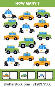 Education game for children searching and counting activity for preschool how many transportation taxi jeep police car