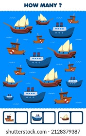 Education game for children searching and counting activity for preschool how many water transportation boat ferry ship
