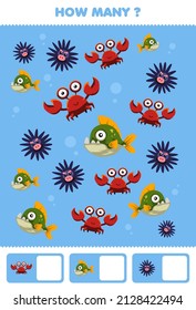 Education game for children searching and counting activity for preschool how many cute underwater animal crab piranha fish urchin