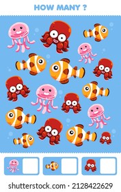 Education game for children searching and counting activity for preschool how many cute underwater animal clown fish jellyfish octopus