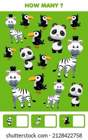 Education game for children searching and counting activity for preschool how many cute black and white animal toucan bird panda zebra in green background