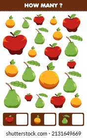Education game for children searching and counting activity for preschool how many cartoon fruits apple orange guava