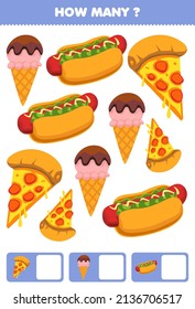 Education game for children searching and counting activity for preschool how many cartoon food snack ice cream pizza hotdog