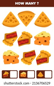 Education game for children searching and counting activity for preschool how many cartoon food snack waffle pie cheese