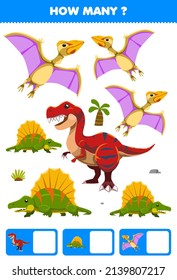 Education game for children searching and counting activity for preschool how many cartoon prehistoric dinosaur dimetrodon tyrannosaurus quetzalcoatlus