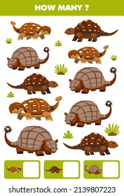 Education game for children searching and counting activity for preschool how many cartoon prehistoric hard skin dinosaur ankylosaurus doedicurus nodosaurus