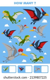 Education game for children searching and counting activity for preschool how many cartoon prehistoric flying dinosaur pteranodon hatzegopteryx