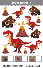 Education game for children searching and counting activity for preschool how many cartoon prehistoric dinosaur tyrannosaurus mammoth volcano