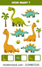 Juego educativo para niños que buscan y cuentan actividad para el preescolar cuántos dibujos prehistóricos dinosaurio brontosaurus stegosaurus ultrasaurus