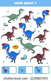 Erziehungsspiel für Kinder auf der Suche nach und Zählung Aktivität in der Vorschule wie viele Cartoon prähistorischen Dinosaurier Oviraptor Velociraptor Troodon