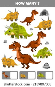 Education game for children searching and counting activity for preschool how many cartoon prehistoric dinosaur carnotaurus triceratops xenoceratops