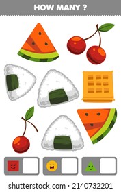 Education game for children searching and counting how many objects like geometric shape square circle triangle cartoon cherry onigiri watermelon slice waffle