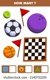 Education game for children searching and counting how many objects like geometric shape square circle triangle cartoon basket bowling tennis soccer ball chess board flag