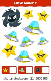 Education game for children searching and counting how many objects cute cartoon solar system ufo star black hole
