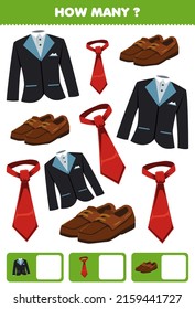 Education game for children searching and counting how many objects cartoon wearable clothes tuxedo suit tie shoes