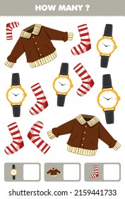 Education game for children searching and counting how many objects cartoon wearable clothes jacket watch socks