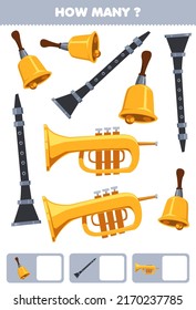Juego de educación para niños que buscan y cuentan cuántos objetos instrumentos de música de dibujos animados campana clarinete trompeta hoja de cálculo imprimible