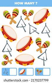 Education game for children searching and counting how many objects cartoon music instrument triangle tambourine maracas printable worksheet