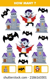 Education game for children searching and counting how many objects of cute cartoon castle black bat dracula costume halloween printable worksheet