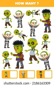 Erziehungsspiel für Kinder, das sucht und rechnet, wie viele Objekte süße Cartoon Zombie Skelett auf frankenstein Kostüme halloween druckfähige Arbeitsblatt-Tabelle