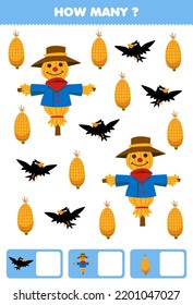 Education game for children searching and counting how many objects of cute cartoon scarecrow crow corn printable farm worksheet