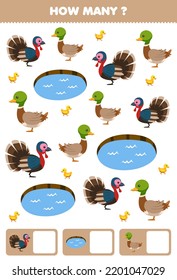 Education game for children searching and counting how many objects of cute cartoon turkey duck pond printable farm worksheet