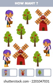 Education game for children searching and counting how many objects of cute cartoon farmer girl windmill apple tree printable farm worksheet