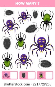 Education game for children searching and counting how many objects of cute cartoon spider louse beetle printable bug worksheet