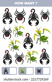 Education game for children searching and counting how many objects of cute cartoon scorpion mantis spider printable bug worksheet