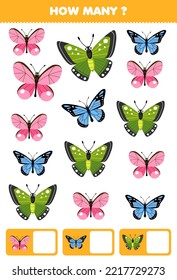 Education game for children searching and counting how many objects of cute cartoon butterfly printable bug worksheet