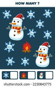 Education game for children searching and counting how many objects of cute cartoon snowflake snowman bonfire printable winter worksheet