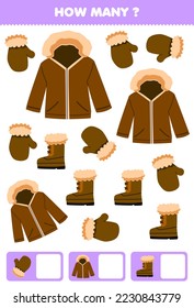 Education game for children searching and counting how many objects of cute cartoon mitten jacket boot printable winter worksheet