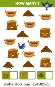 Education game for children searching and counting how many objects of cute cartoon wood log bird nest and soil printable nature worksheet
