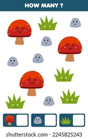 Education game for children searching and counting how many objects of cute cartoon mushroom stone and grass printable nature worksheet