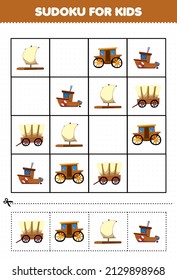 Education game for children sudoku for kids with cartoon wooden transportation picture