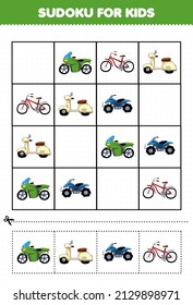 Education game for children sudoku for kids with cartoon bike transportation picture