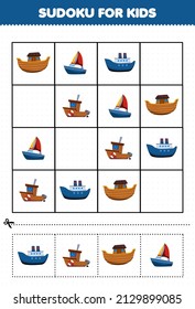 Education game for children sudoku for kids with cartoon ship water transportation picture