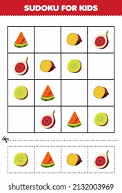 Education game for children sudoku for kids with cartoon fruits and vegetables slice watermelon yam fig kiwi picture