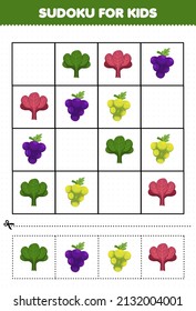 Education game for children sudoku for kids with cartoon fruits and vegetables red spinach grape picture