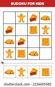 Education game for children sudoku for kids with cartoon food snack gingerbread pie croissant waffle pictures