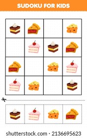 Education game for children sudoku for kids with cartoon food snack cake cheese pie pictures