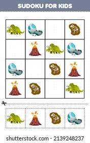 Education game for children sudoku for kids with cute cartoon prehistoric dinosaur triceratops egg volcano fossil picture