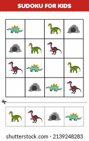 Education game for children sudoku for kids with cute cartoon prehistoric dinosaur stegosaurus gryposaurus cave troodon picture